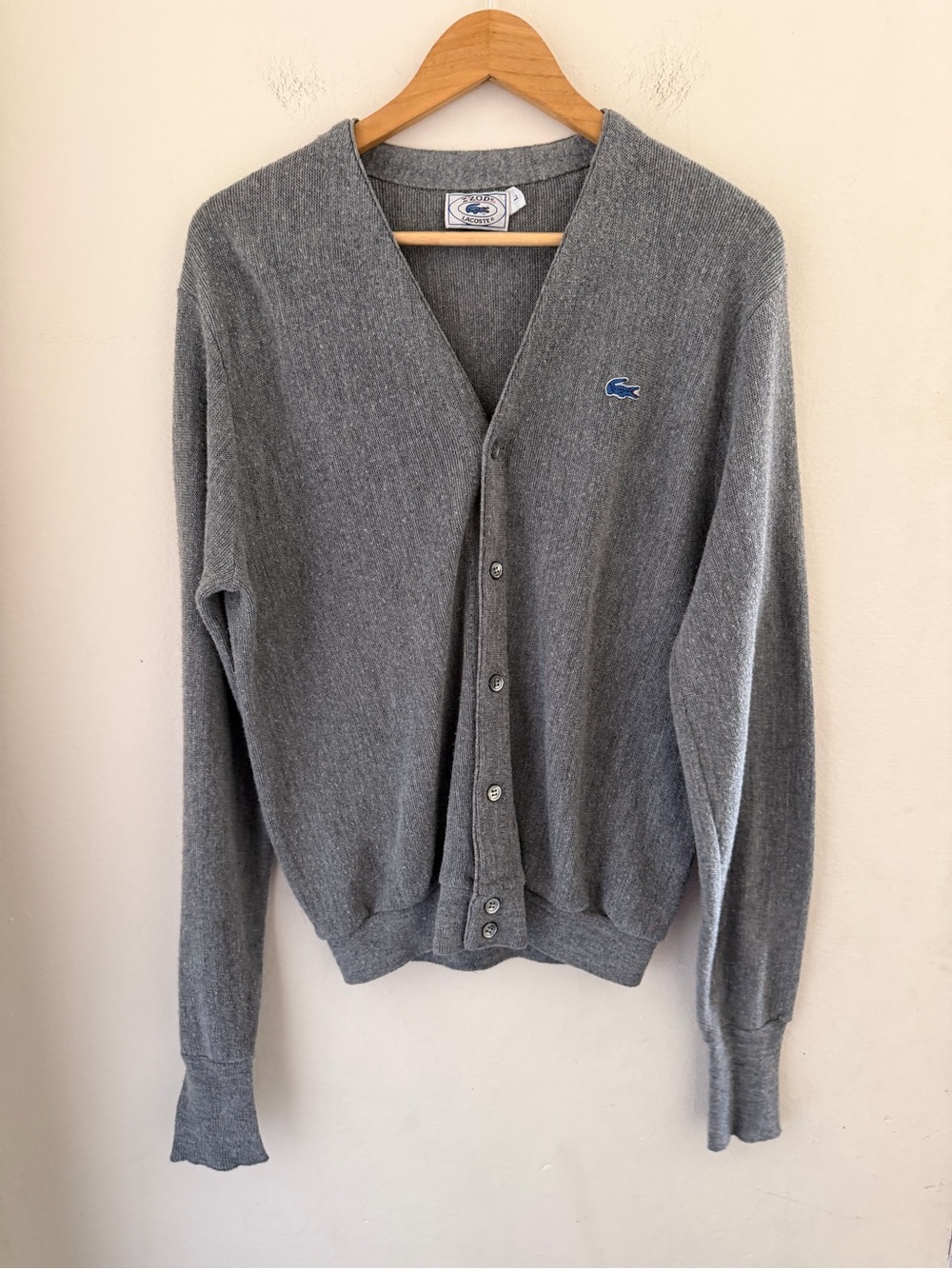 Vintage Izod Lacoste Gray V-Neck Cardigan Sweater Blue Alligator Logo Men Sz L